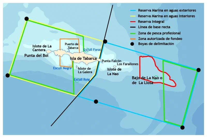 Mapa de los principales puntos de inmersión de buceo en Tabarca