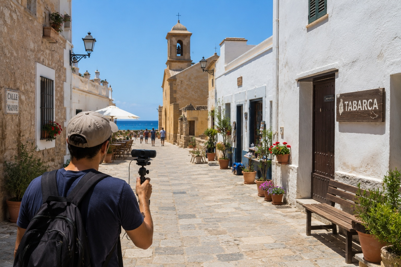 Turista grabando con cámara en calle empedrada de Tabarca con iglesia y mar Mediterráneo al fondo
